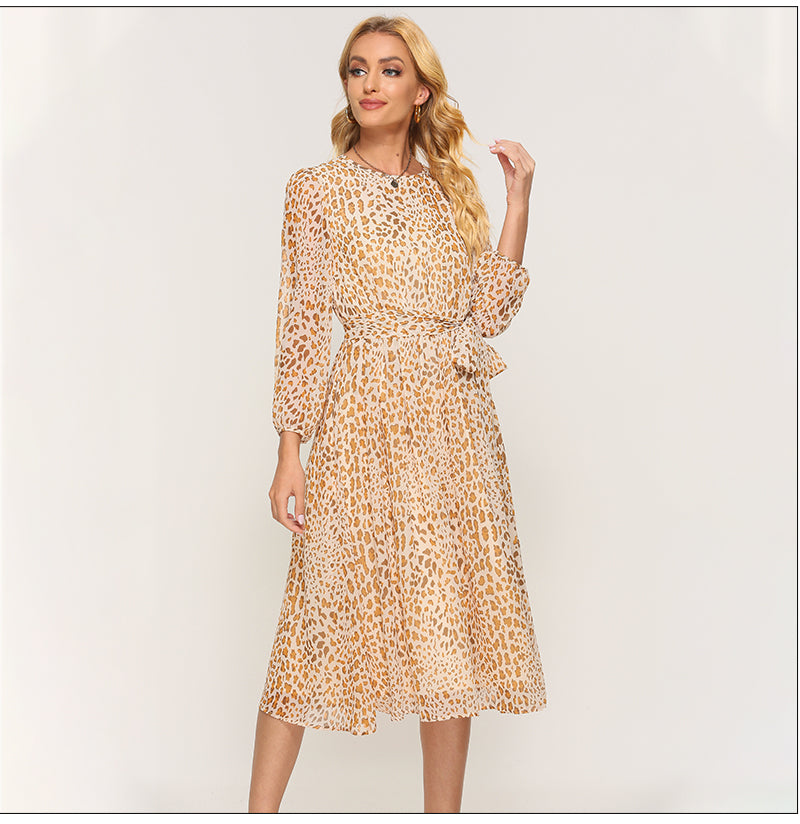 ParGrace  Long Sleeve Polka Dress O Neck Chiffon A Line