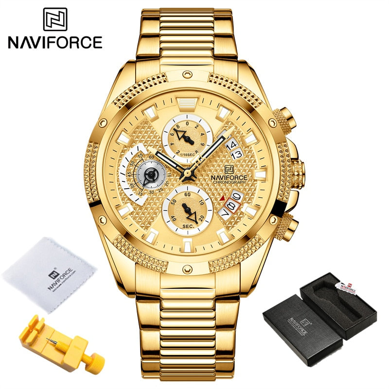 NAVIFORCE  Gold Fashion Quartz Clock Analog Chronograph Waterproof