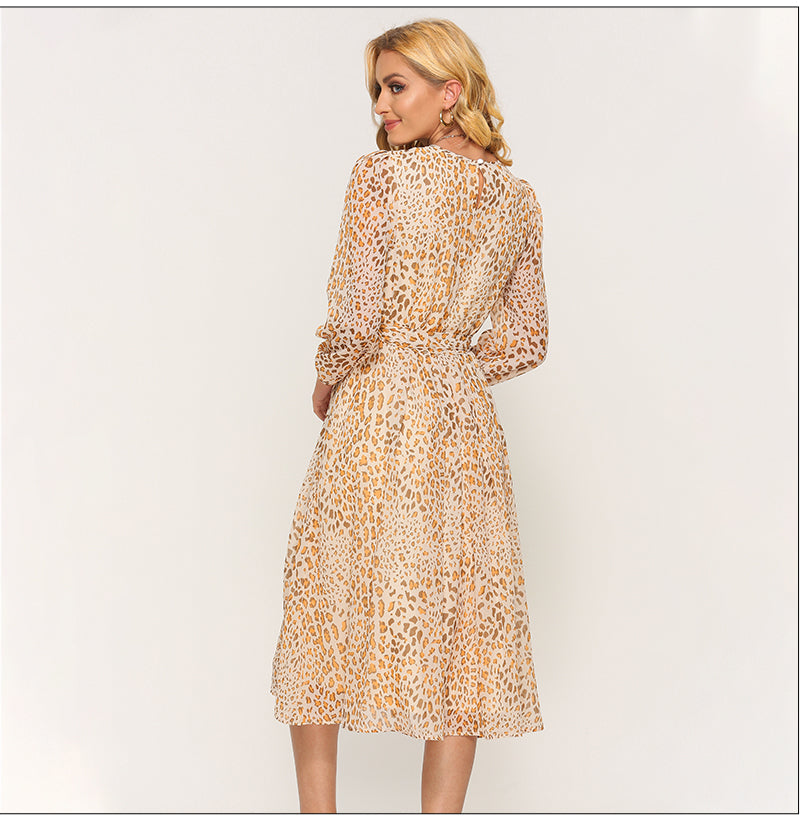 ParGrace  Long Sleeve Polka Dress O Neck Chiffon A Line