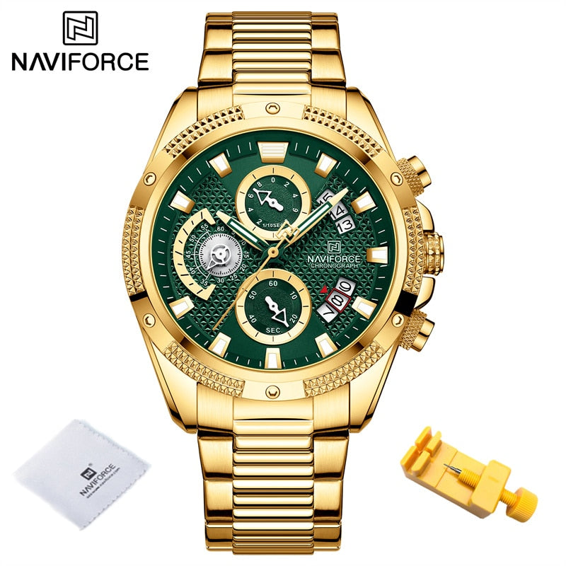 NAVIFORCE  Gold Fashion Quartz Clock Analog Chronograph Waterproof