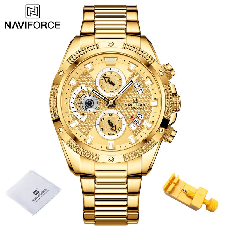 NAVIFORCE  Gold Fashion Quartz Clock Analog Chronograph Waterproof