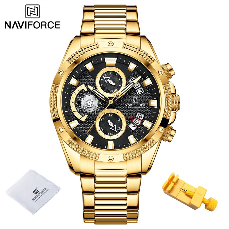 NAVIFORCE  Gold Fashion Quartz Clock Analog Chronograph Waterproof