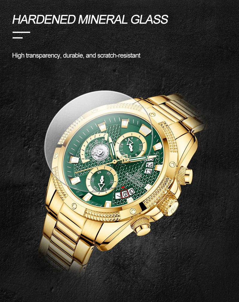 NAVIFORCE  Gold Fashion Quartz Clock Analog Chronograph Waterproof