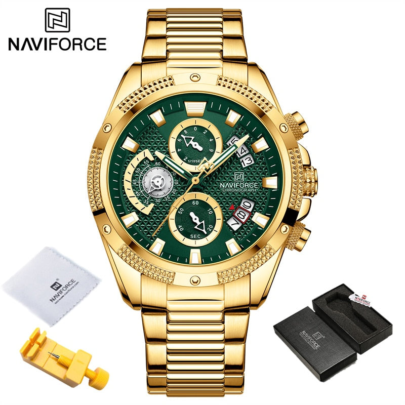 NAVIFORCE  Gold Fashion Quartz Clock Analog Chronograph Waterproof